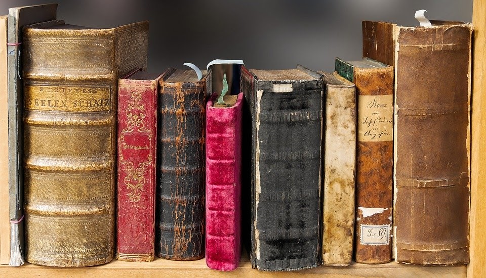 huit vieux livres à reliure en cuir endommagés, posés sur une étagère