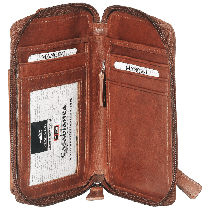 cognac coloured cell phone wallet purse from Mancini’s Casablanca collection