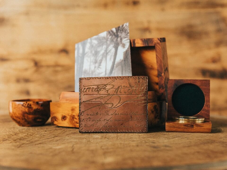 leather wallet with wooden containers